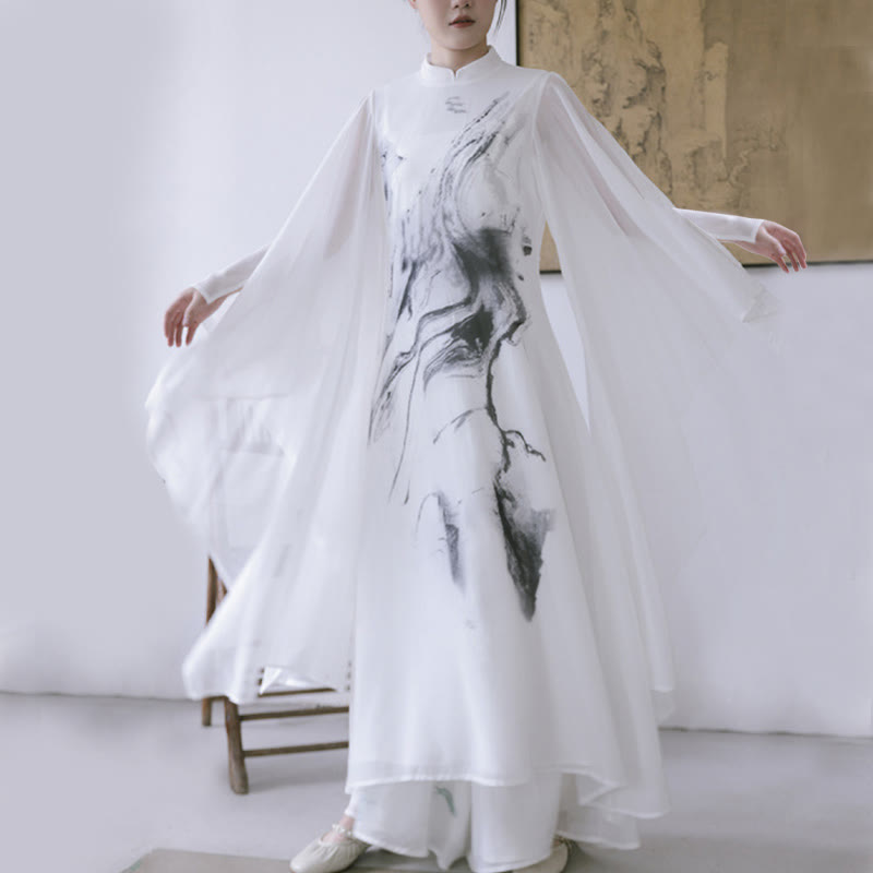 Vestido midi de meditación para mujer, manga corta, estampado con tinta blanca de Buddha Stones, estilo zen - image 2