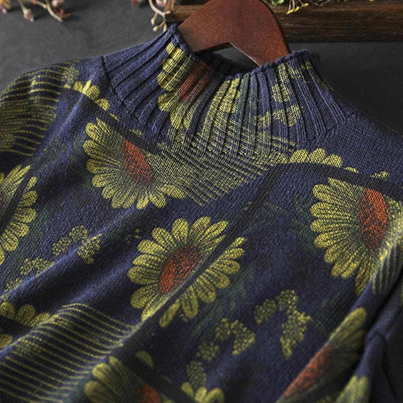 Suéter de algodón para mujer con cuello alto y manga larga, estampado de girasoles y Buddha Stones - image 7