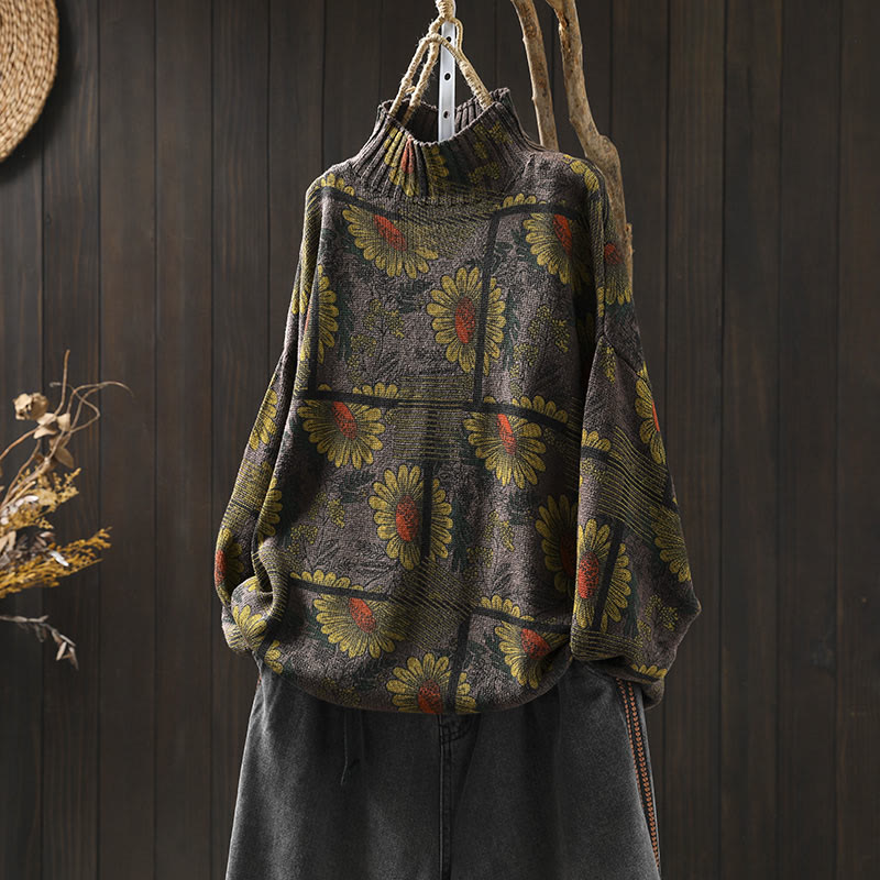 Suéter de algodón para mujer con cuello alto y manga larga, estampado de girasoles y Buddha Stones - Granate - US4-8/10, UK/AU8-12/14, EU36-40/42 (F) - image 17