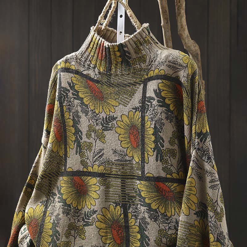 Suéter de algodón para mujer con cuello alto y manga larga, estampado de girasoles y Buddha Stones - image 1