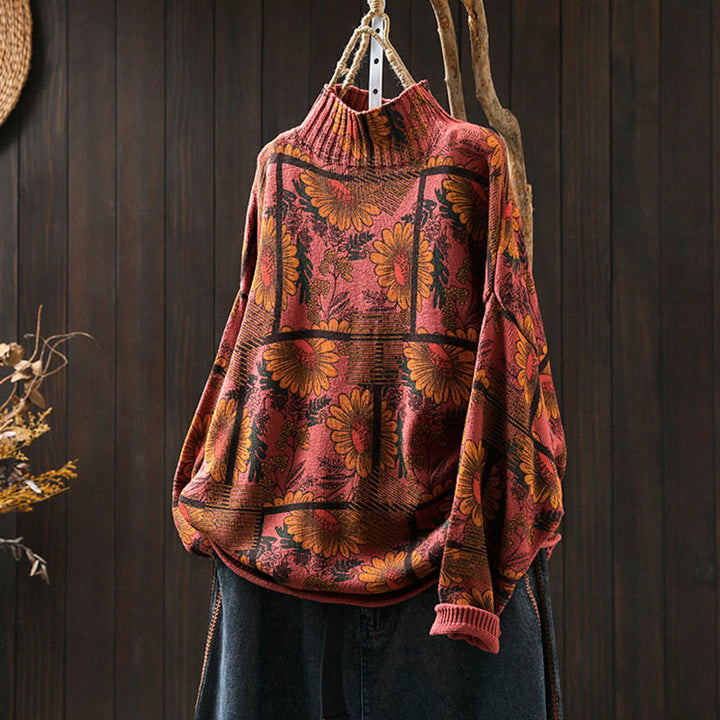 Suéter de algodón para mujer con cuello alto y manga larga, estampado de girasoles y Buddha Stones - Rojo anaranjado - US4-8/10, UK/AU8-12/14, EU36-40/42 (F) - image 13