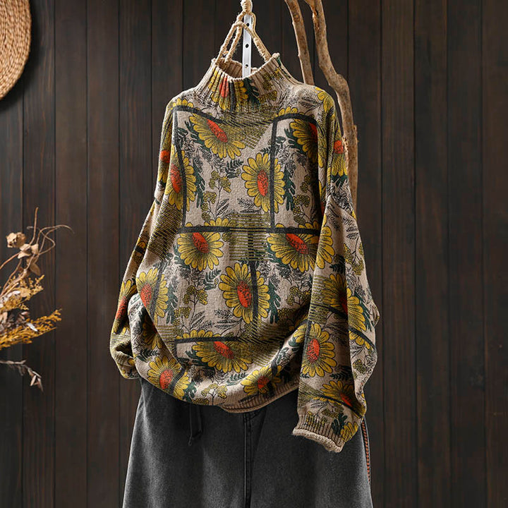 Suéter de algodón para mujer con cuello alto y manga larga, estampado de girasoles y Buddha Stones - Lino - US4-8/10, UK/AU8-12/14, EU36-40/42 (F) - image 0