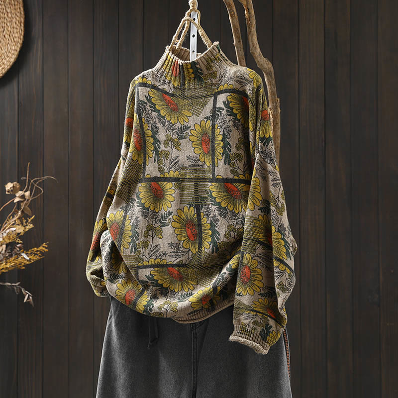 Suéter de algodón para mujer con cuello alto y manga larga, estampado de girasoles y Buddha Stones - Lino - US4-8/10， UK/AU8-12/14， EU36-40/42 (F) - image 0