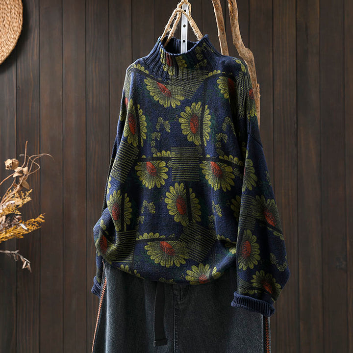 Suéter de algodón para mujer con cuello alto y manga larga, estampado de girasoles y Buddha Stones - Azul medianoche - US4-8/10, UK/AU8-12/14, EU36-40/42 (F) - image 2