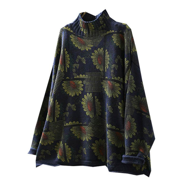 Suéter de algodón para mujer con cuello alto y manga larga, estampado de girasoles y Buddha Stones - image 12