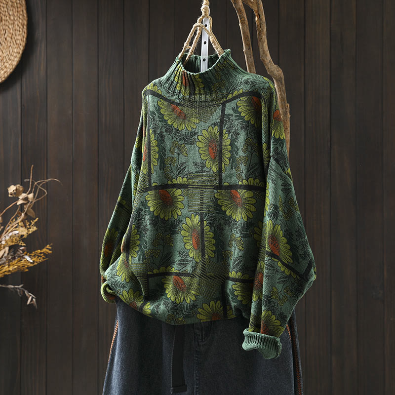 Suéter de algodón para mujer con cuello alto y manga larga, estampado de girasoles y Buddha Stones - Verdemar - US4-8/10, UK/AU8-12/14, EU36-40/42 (F) - image 15
