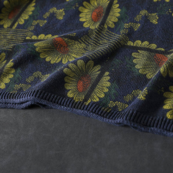 Suéter de algodón para mujer con cuello alto y manga larga, estampado de girasoles y Buddha Stones - image 10