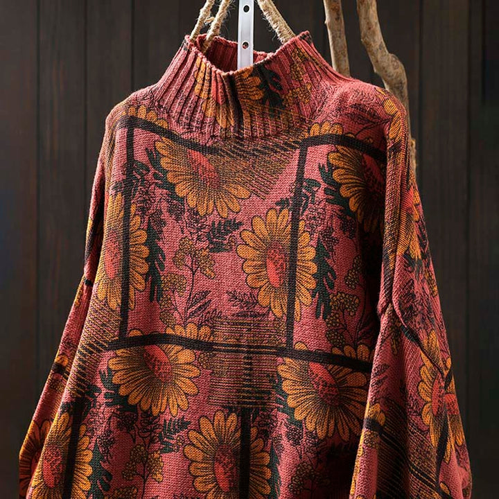 Suéter de algodón para mujer con cuello alto y manga larga, estampado de girasoles y Buddha Stones - image 14
