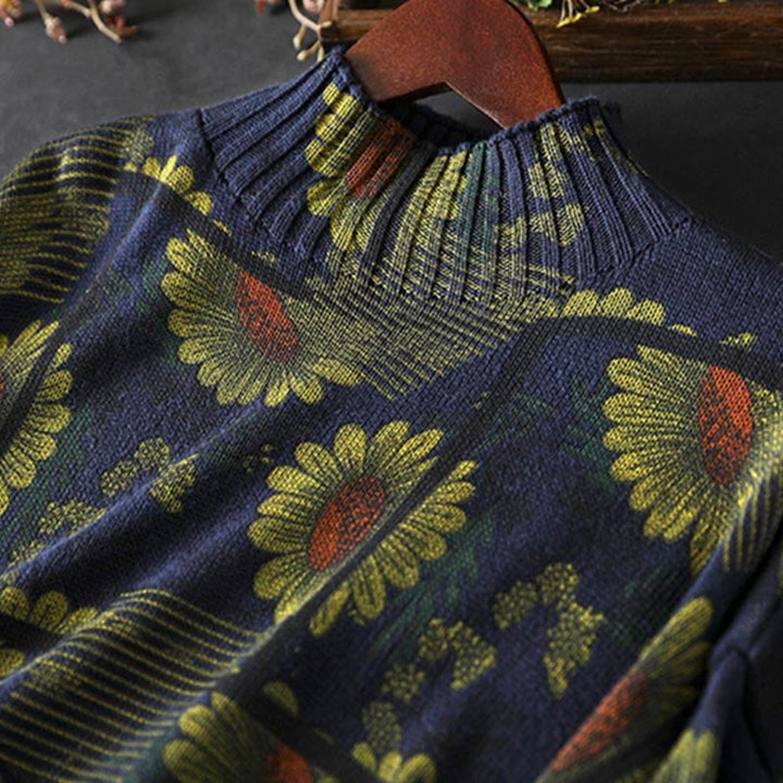 Suéter de algodón para mujer con cuello alto y manga larga, estampado de girasoles y Buddha Stones - image 7