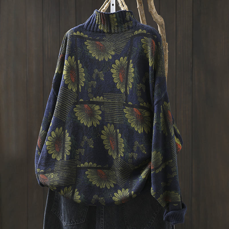 Suéter de algodón para mujer con cuello alto y manga larga, estampado de girasoles y Buddha Stones - image 3