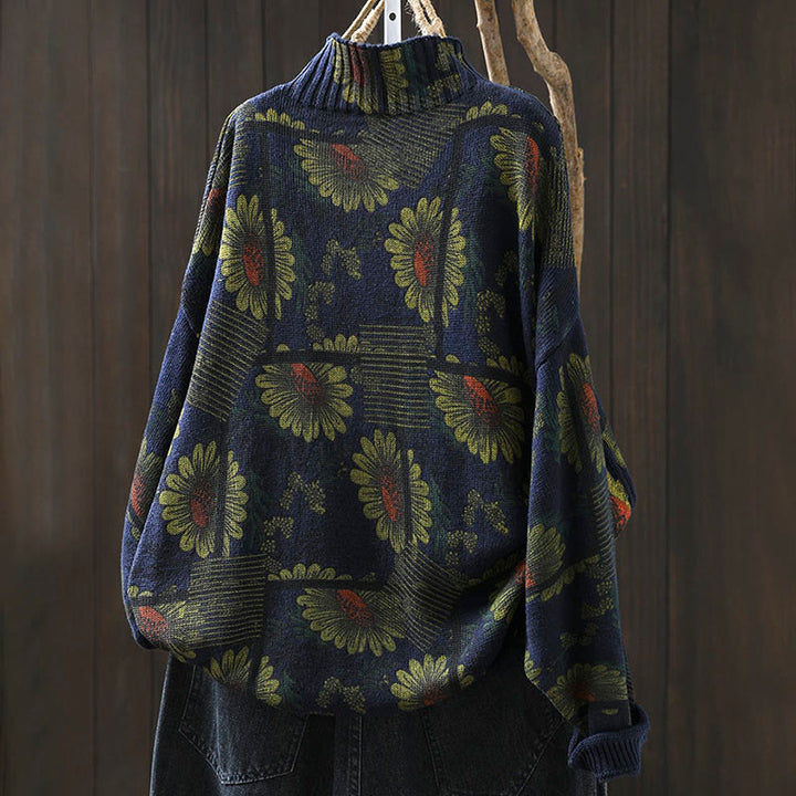 Suéter de algodón para mujer con cuello alto y manga larga, estampado de girasoles y Buddha Stones - image 3