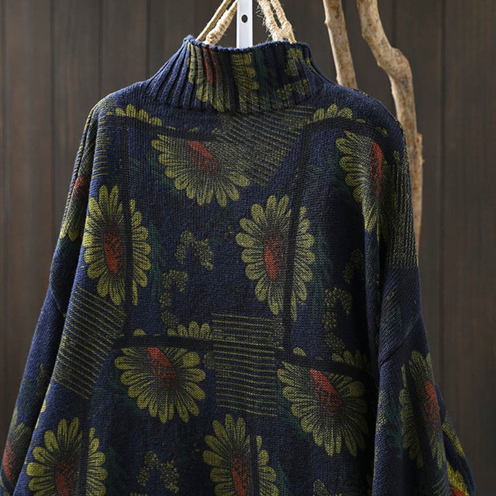 Suéter de algodón para mujer con cuello alto y manga larga, estampado de girasoles y Buddha Stones - image 5