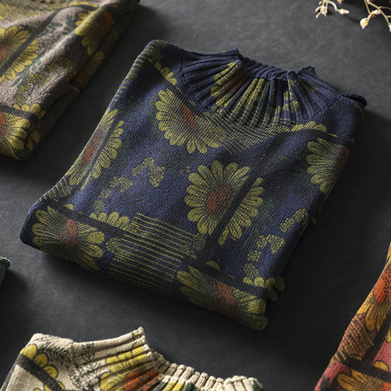 Suéter de algodón para mujer con cuello alto y manga larga, estampado de girasoles y Buddha Stones - image 6