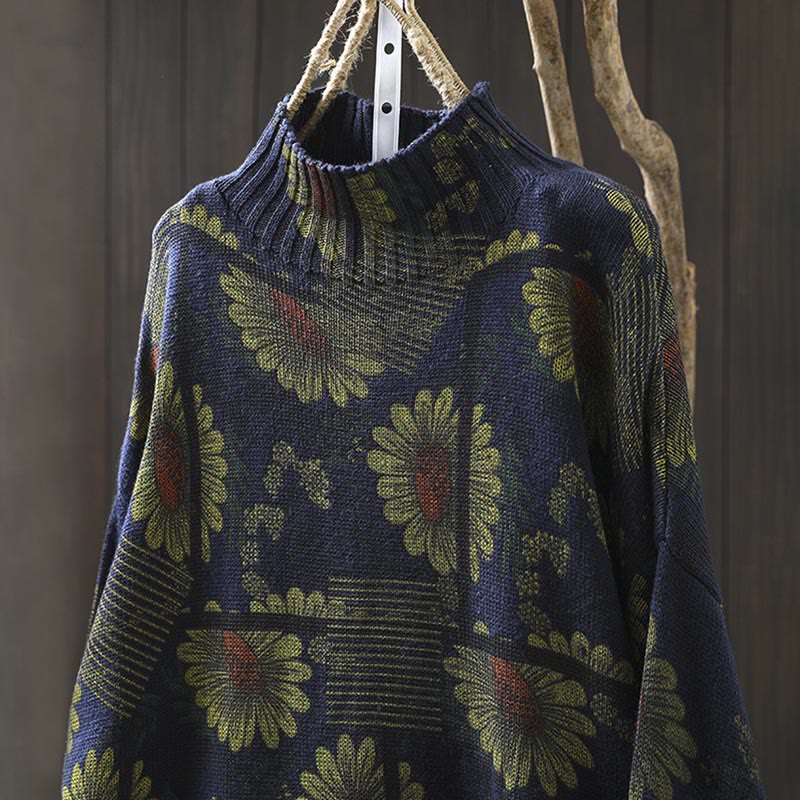 Suéter de algodón para mujer con cuello alto y manga larga, estampado de girasoles y Buddha Stones - image 4