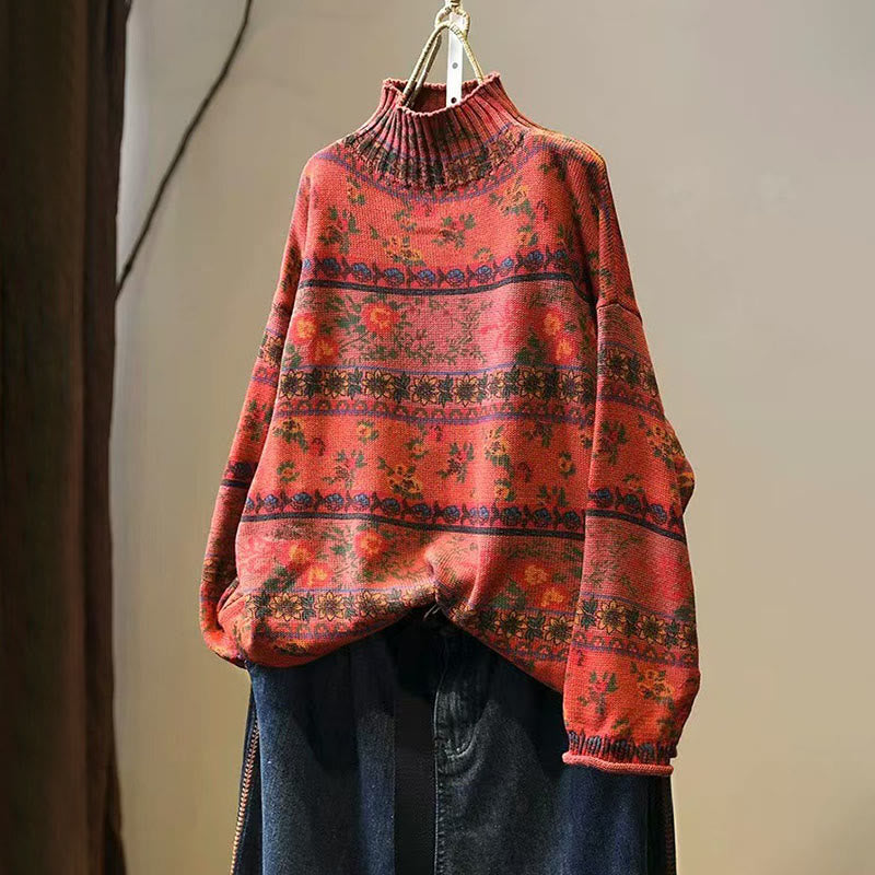 Suéter de algodón de manga larga con cuello alto y estampado floral en bloques de color para mujer , con Buddha Stones y diseño invernal. - Rojo anaranjado - US4-6, UK/AU8-10, EU36-38 (F) - image 13