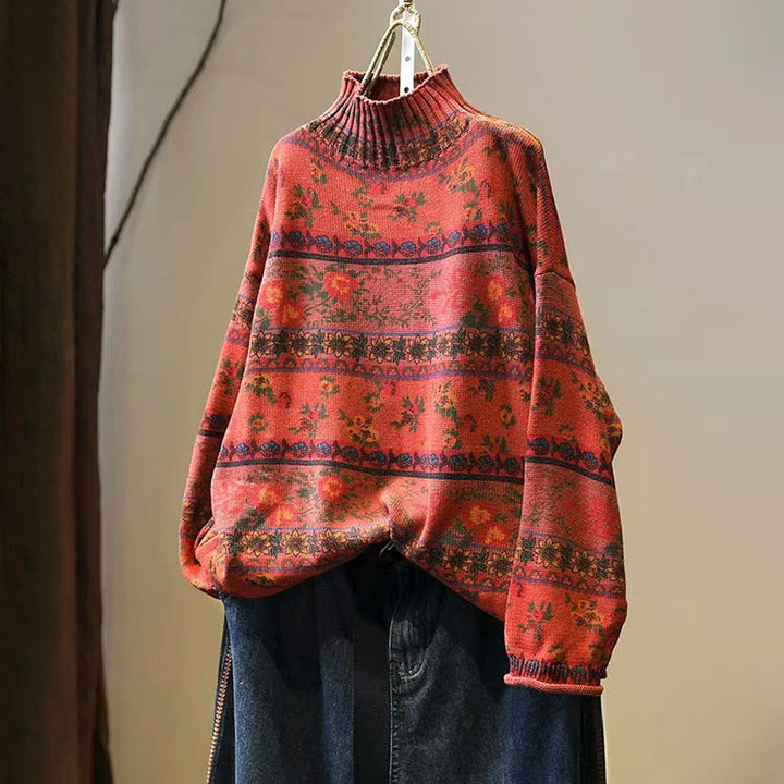 Suéter de algodón de manga larga con cuello alto y estampado floral en bloques de color para mujer , con Buddha Stones y diseño invernal. - Rojo anaranjado - US4-6, UK/AU8-10, EU36-38 (F) - image 13