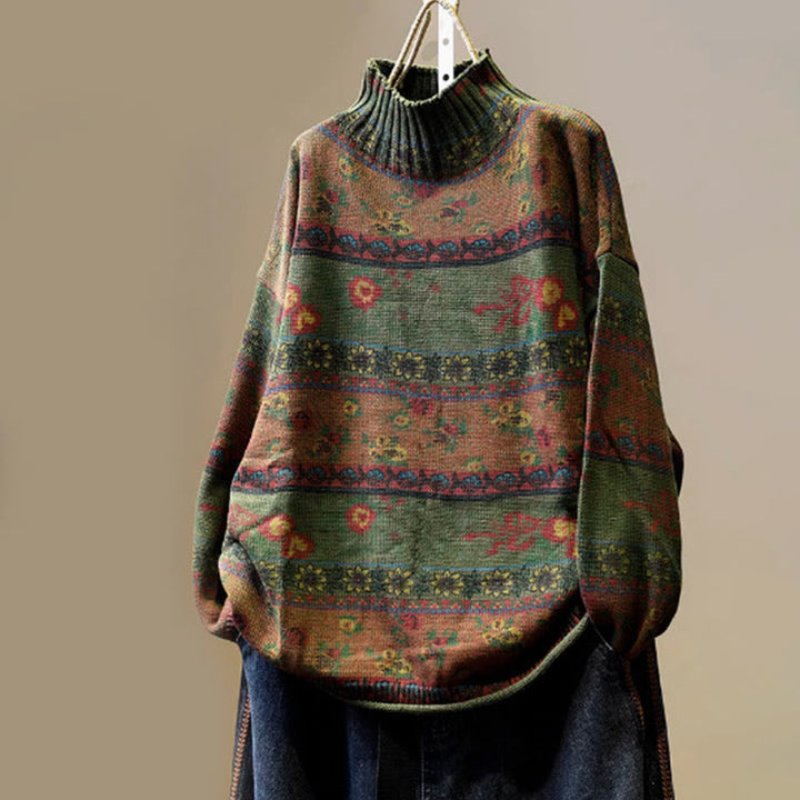 Suéter de algodón de manga larga con cuello alto y estampado floral en bloques de color para mujer , con Buddha Stones y diseño invernal. - Verde oliva oscuro - US4-6, UK/AU8-10, EU36-38 (F) - image 15