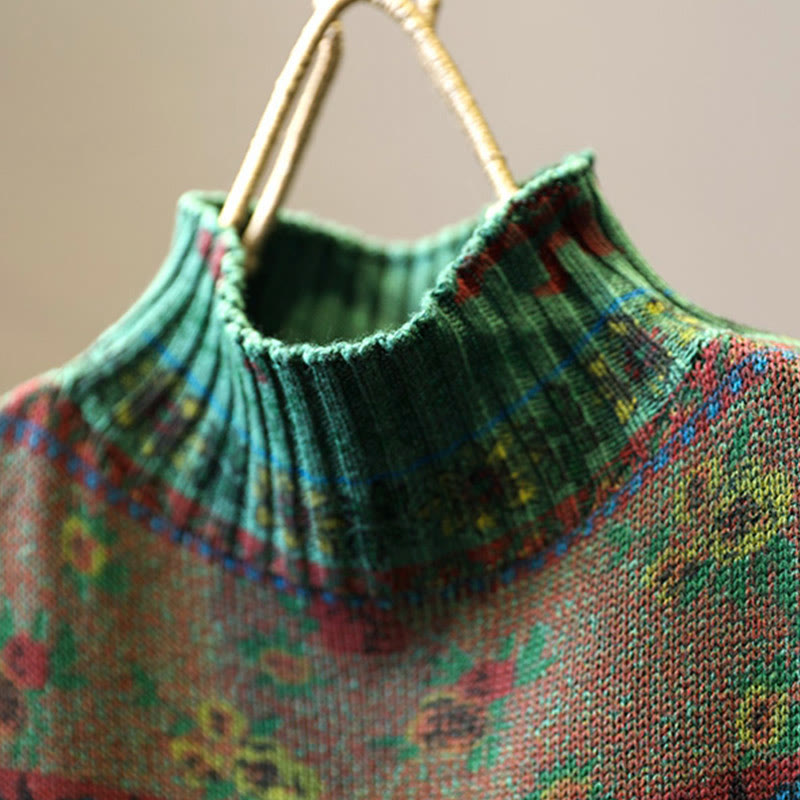 Suéter de algodón de manga larga con cuello alto y estampado floral en bloques de color para mujer , con Buddha Stones y diseño invernal. - image 6