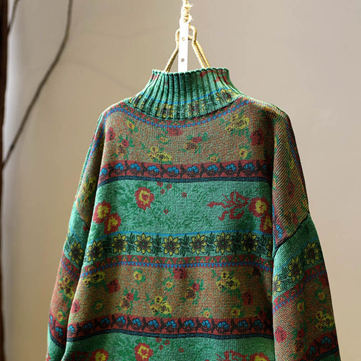 Suéter de algodón de manga larga con cuello alto y estampado floral en bloques de color para mujer , con Buddha Stones y diseño invernal. - image 5