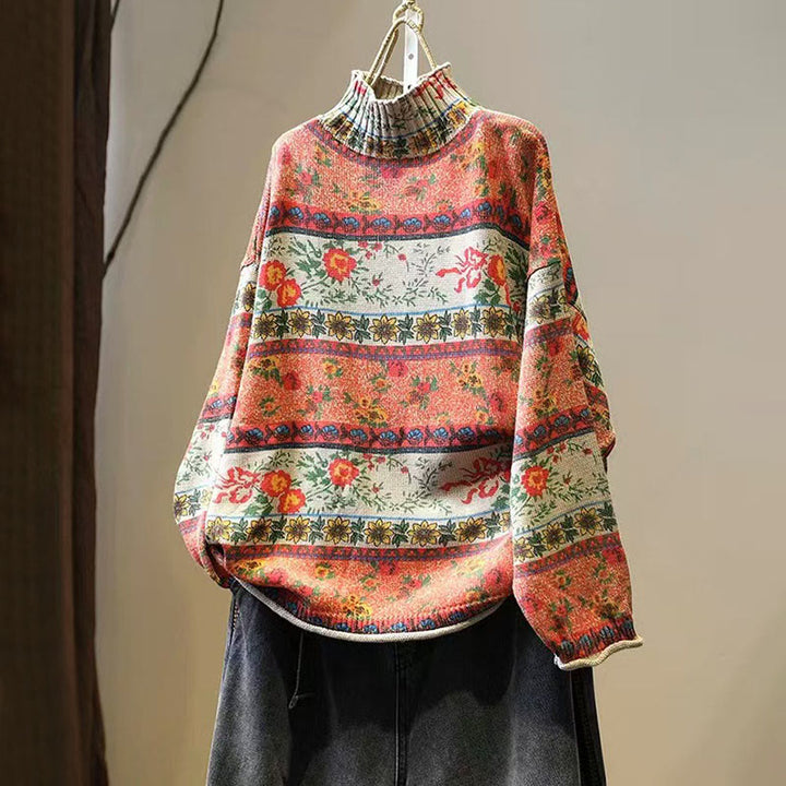 Suéter de algodón de manga larga con cuello alto y estampado floral en bloques de color para mujer , con Buddha Stones y diseño invernal. - Coral - US4-6, UK/AU8-10, EU36-38 (F) - image 0