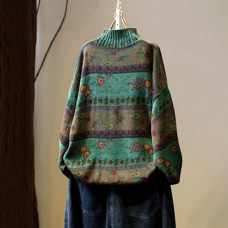 Suéter de algodón de manga larga con cuello alto y estampado floral en bloques de color para mujer , con Buddha Stones y diseño invernal. - image 3