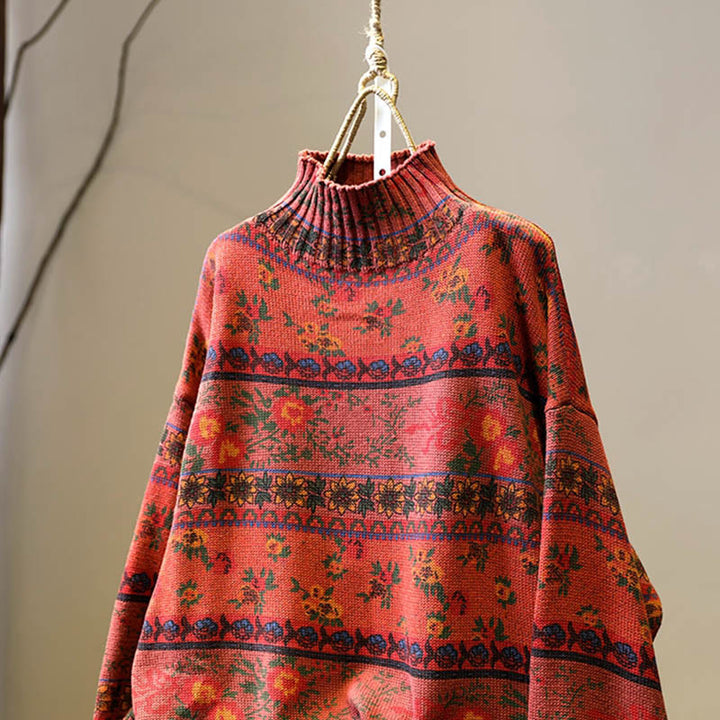 Suéter de algodón de manga larga con cuello alto y estampado floral en bloques de color para mujer , con Buddha Stones y diseño invernal. - image 14