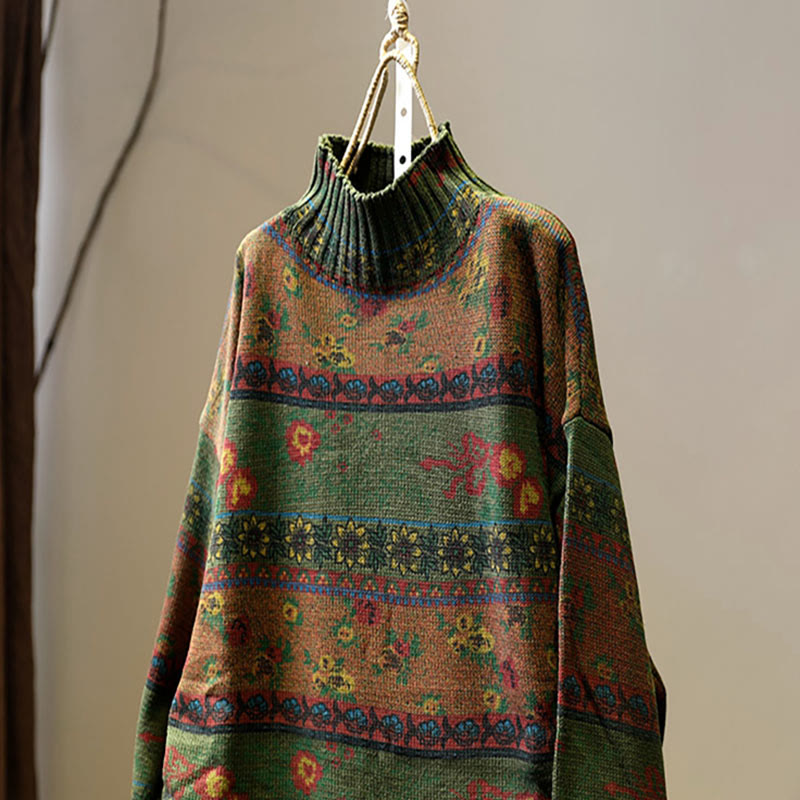 Suéter de algodón de manga larga con cuello alto y estampado floral en bloques de color para mujer , con Buddha Stones y diseño invernal. - image 16