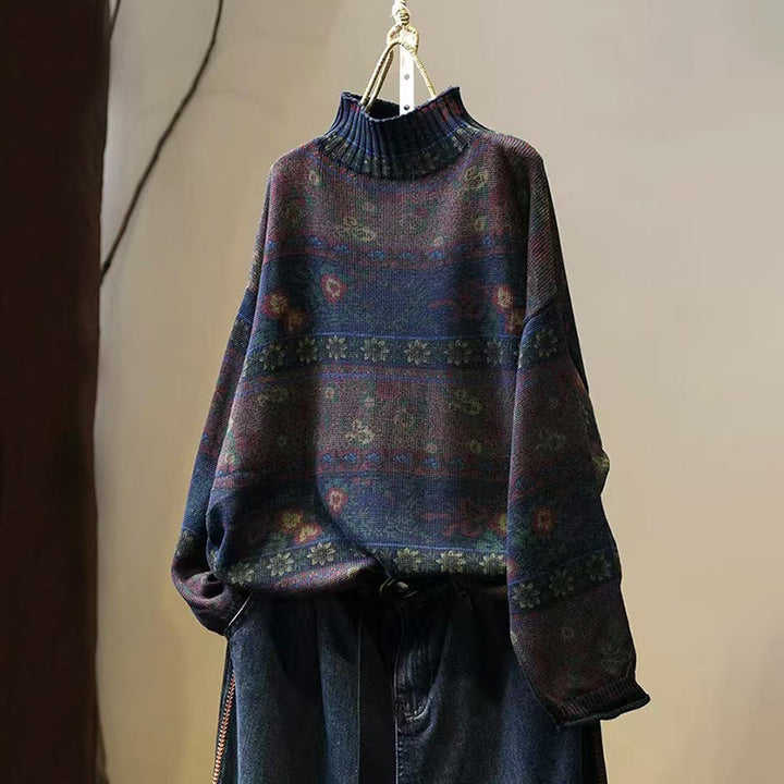 Suéter de algodón de manga larga con cuello alto y estampado floral en bloques de color para mujer , con Buddha Stones y diseño invernal. - Azul medianoche - US4-6, UK/AU8-10, EU36-38 (F) - image 11