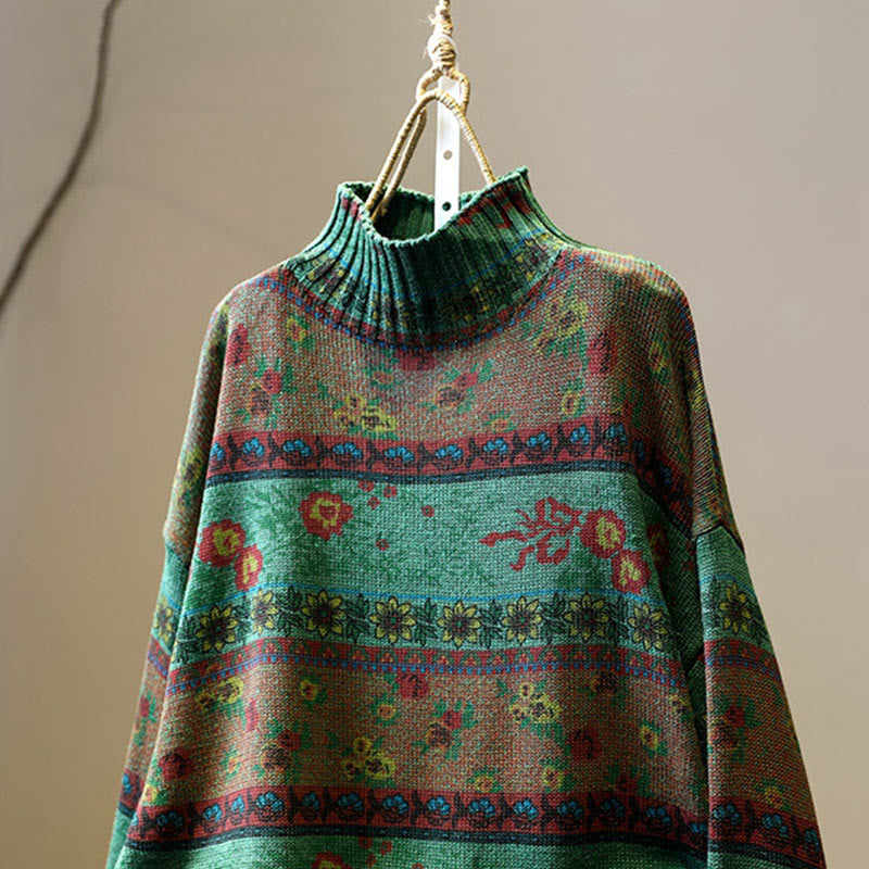 Suéter de algodón de manga larga con cuello alto y estampado floral en bloques de color para mujer , con Buddha Stones y diseño invernal. - image 4