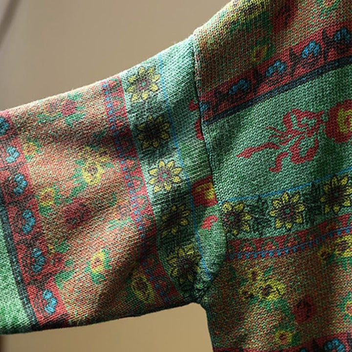 Suéter de algodón de manga larga con cuello alto y estampado floral en bloques de color para mujer , con Buddha Stones y diseño invernal. - image 8