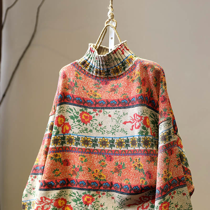 Suéter de algodón de manga larga con cuello alto y estampado floral en bloques de color para mujer , con Buddha Stones y diseño invernal. - image 1