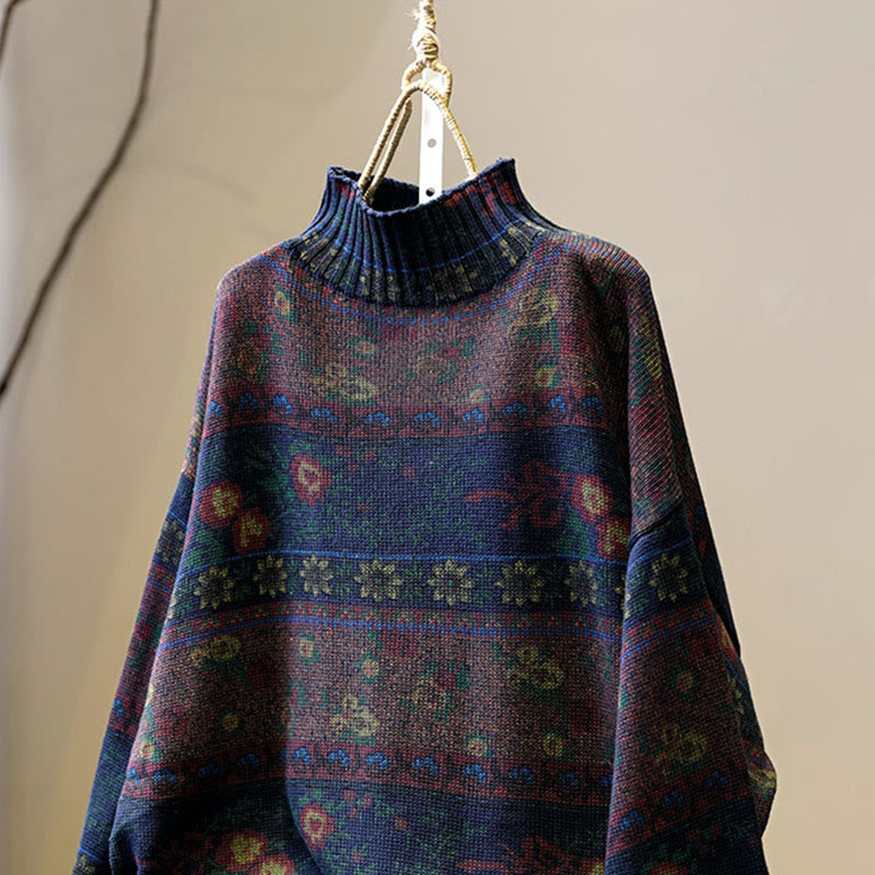 Suéter de algodón de manga larga con cuello alto y estampado floral en bloques de color para mujer , con Buddha Stones y diseño invernal. - image 12