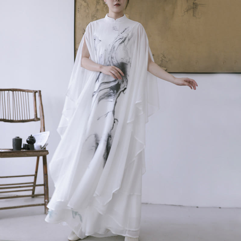 Vestido midi de meditación para mujer, manga corta, estampado con tinta blanca de Buddha Stones, estilo zen - image 1