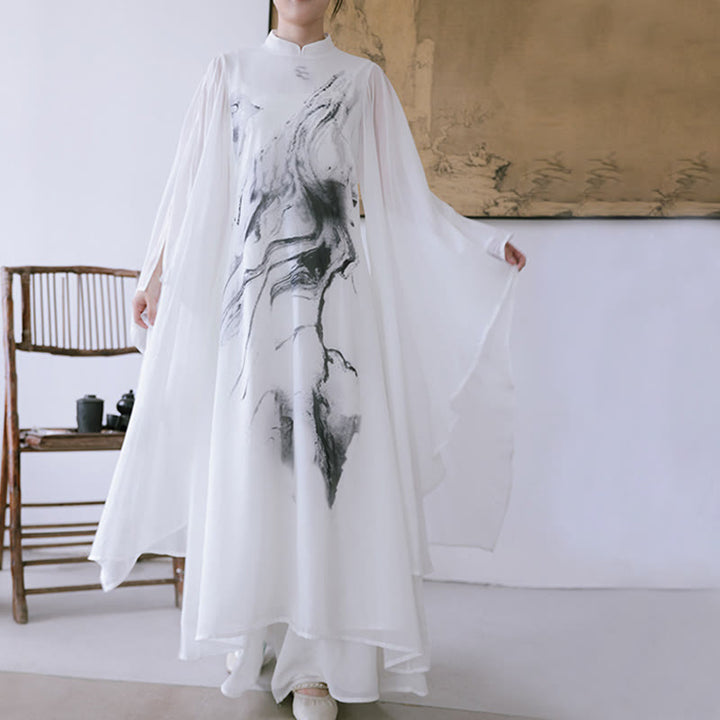 Vestido midi de meditación para mujer, manga corta, estampado con tinta blanca de Buddha Stones, estilo zen - image 4