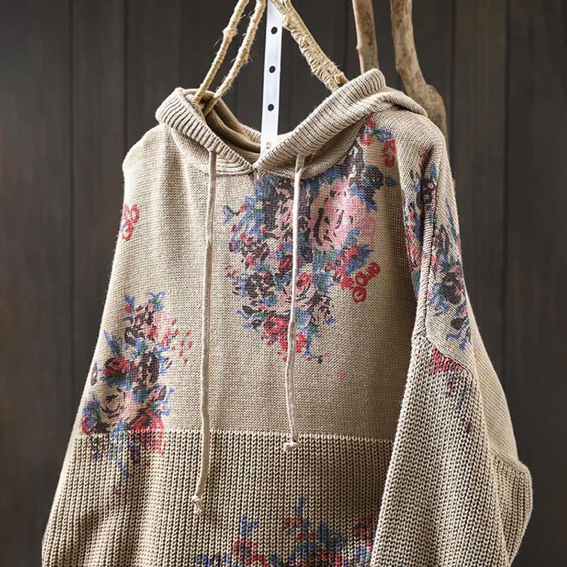 Suéter con capucha de manga larga de algodón floral de punto para mujer Buddha Stones - image 1