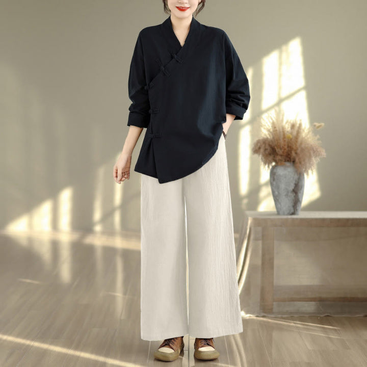 Conjunto de meditación zen para mujer con estampado de Buddha Stones : camiseta de manga larga con cuello en V y pantalón de pierna ancha. Incluye dos piezas. - Camisa negra y pantalones beige - US8-10，UK/AU12-14，EU40-42 (2XL) - image 11