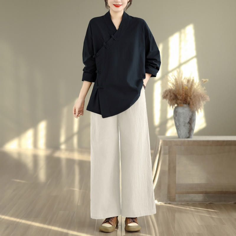 Conjunto de meditación zen para mujer con estampado de Buddha Stones : camiseta de manga larga con cuello en V y pantalón de pierna ancha. Incluye dos piezas. - Camisa negra y pantalones beige - US8-10，UK/AU12-14，EU40-42 (2XL) - image 11