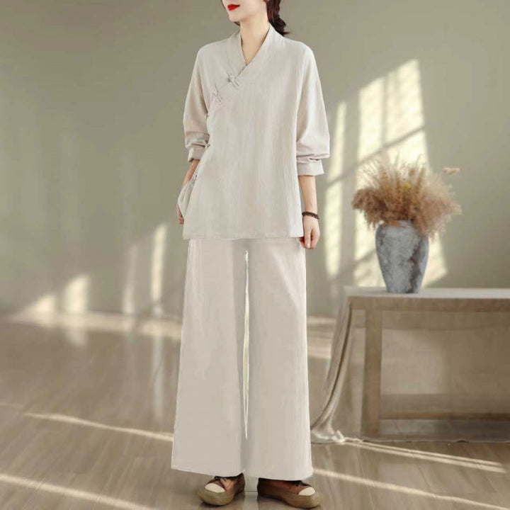 Conjunto de meditación zen para mujer con estampado de Buddha Stones : camiseta de manga larga con cuello en V y pantalón de pierna ancha. Incluye dos piezas. - Camisa y pantalón color beige - US8-10，UK/AU12-14，EU40-42 (2XL) - image 21