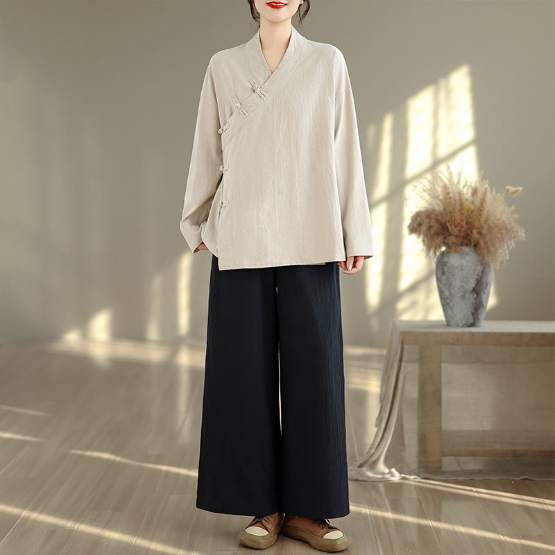 Conjunto de meditación zen para mujer con estampado de Buddha Stones : camiseta de manga larga con cuello en V y pantalón de pierna ancha. Incluye dos piezas. - Camisa beige y pantalones negros - US8-10，UK/AU12-14，EU40-42 (2XL) - image 0