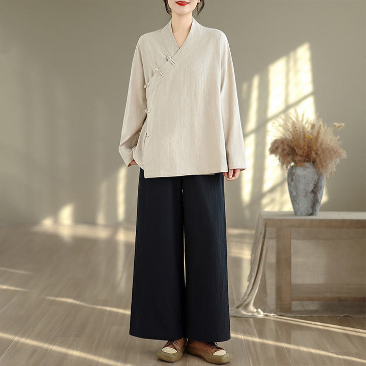 Conjunto de meditación zen para mujer con estampado de Buddha Stones : camiseta de manga larga con cuello en V y pantalón de pierna ancha. Incluye dos piezas. - Camisa beige y pantalones negros - US8-10，UK/AU12-14，EU40-42 (2XL) - image 0