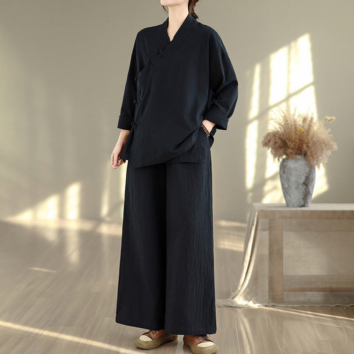 Conjunto de meditación zen para mujer con estampado de Buddha Stones : camiseta de manga larga con cuello en V y pantalón de pierna ancha. Incluye dos piezas. - image 16