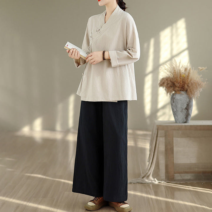 Conjunto de meditación zen para mujer con estampado de Buddha Stones : camiseta de manga larga con cuello en V y pantalón de pierna ancha. Incluye dos piezas. - image 1