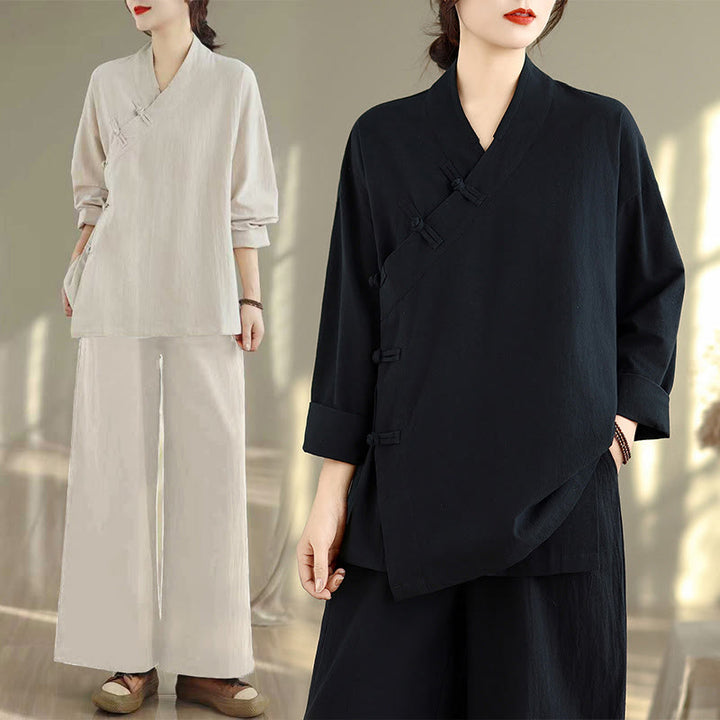 Conjunto de 2 piezas para mujer con estampado de Buddha Stones: camisa de manga larga con cuello en V y pantalones de pierna ancha, estilo zen y meditación. - image 23
