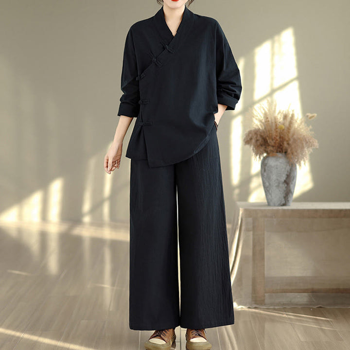 Conjunto de 2 piezas para mujer con estampado de Buddha Stones: camisa de manga larga con cuello en V y pantalones de pierna ancha, estilo zen y meditación. - image 13