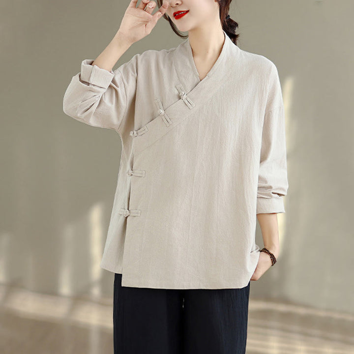 Conjunto de 2 piezas para mujer con estampado de Buddha Stones: camisa de manga larga con cuello en V y pantalones de pierna ancha, estilo zen y meditación. - image 5