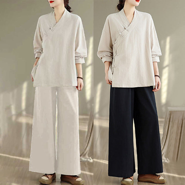 Conjunto de 2 piezas para mujer con estampado de Buddha Stones: camisa de manga larga con cuello en V y pantalones de pierna ancha, estilo zen y meditación. - image 22
