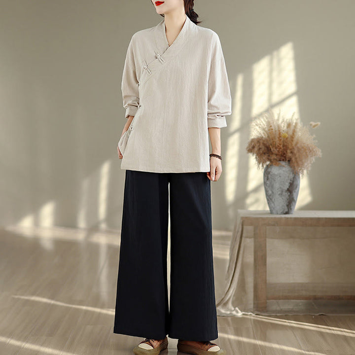 Conjunto de 2 piezas para mujer con estampado de Buddha Stones: camisa de manga larga con cuello en V y pantalones de pierna ancha, estilo zen y meditación. - image 4