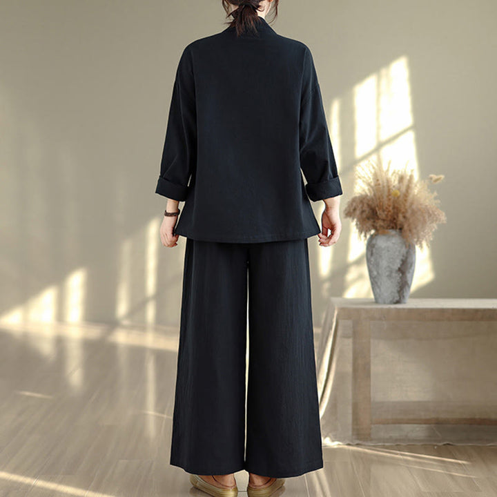 Conjunto de meditación zen para mujer con estampado de Buddha Stones : camiseta de manga larga con cuello en V y pantalón de pierna ancha. Incluye dos piezas. - image 14