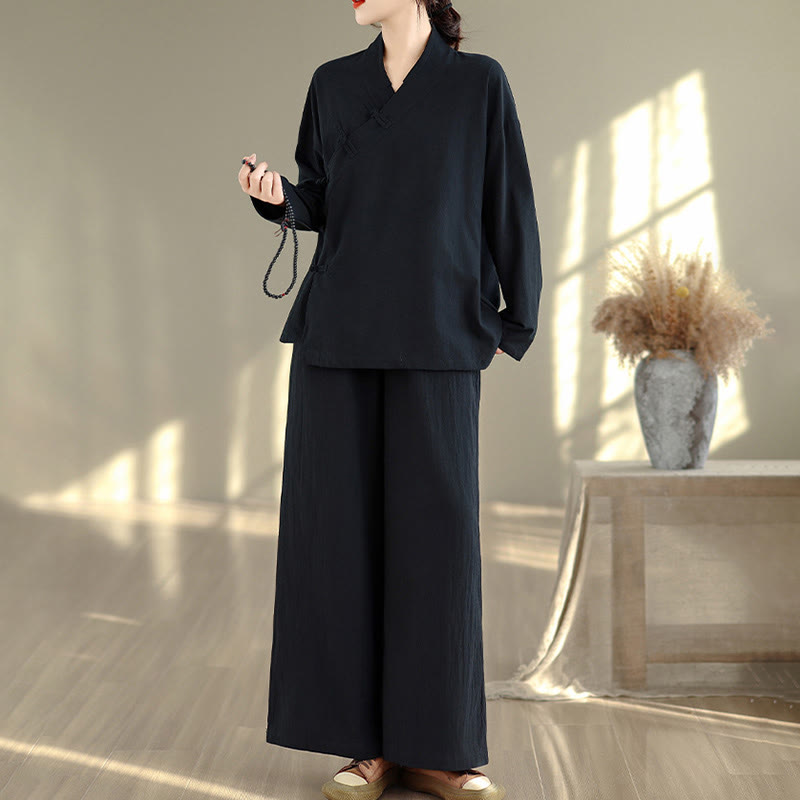 Conjunto de 2 piezas para mujer con estampado de Buddha Stones: camisa de manga larga con cuello en V y pantalones de pierna ancha, estilo zen y meditación. - image 15