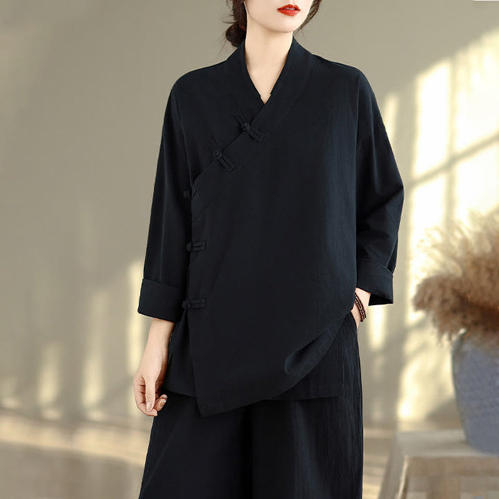 Conjunto de meditación zen para mujer con estampado de Buddha Stones : camiseta de manga larga con cuello en V y pantalón de pierna ancha. Incluye dos piezas. - image 18